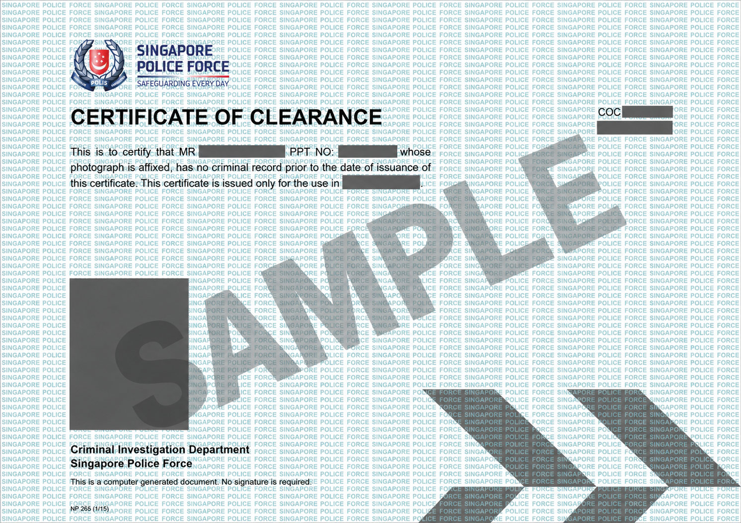Contoh Certificate of Clearance Singapura yang telah disamarkan, bertanda SAMPLE